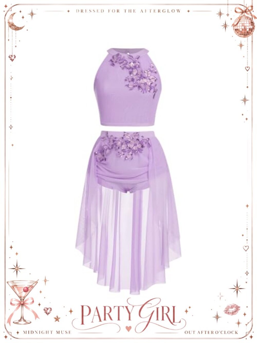 Women 2PC Floral Sequins Lyrical Dance Costume Halter Crop Top High-Low Skirt